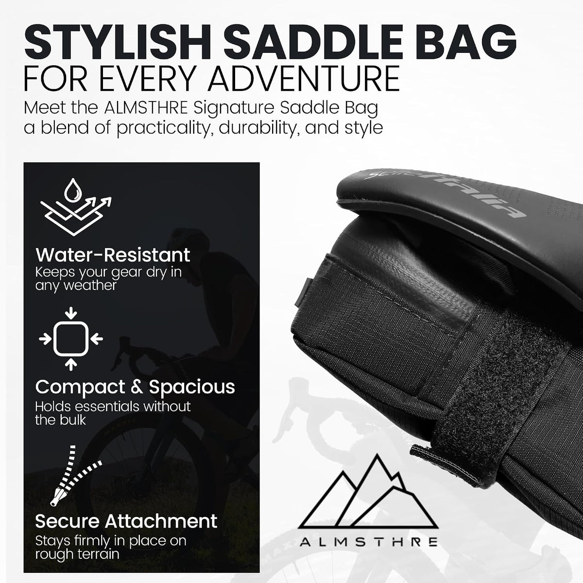 ALMSTHRE Signature Bike Saddle Bag – Midnight Black | 0.5L Bike Seat Bag (3" x 5.25" x 2") | Water-Resistant Ripstop, Waterproof Zipper, Internal Pocket | Durable Under Seat Storage