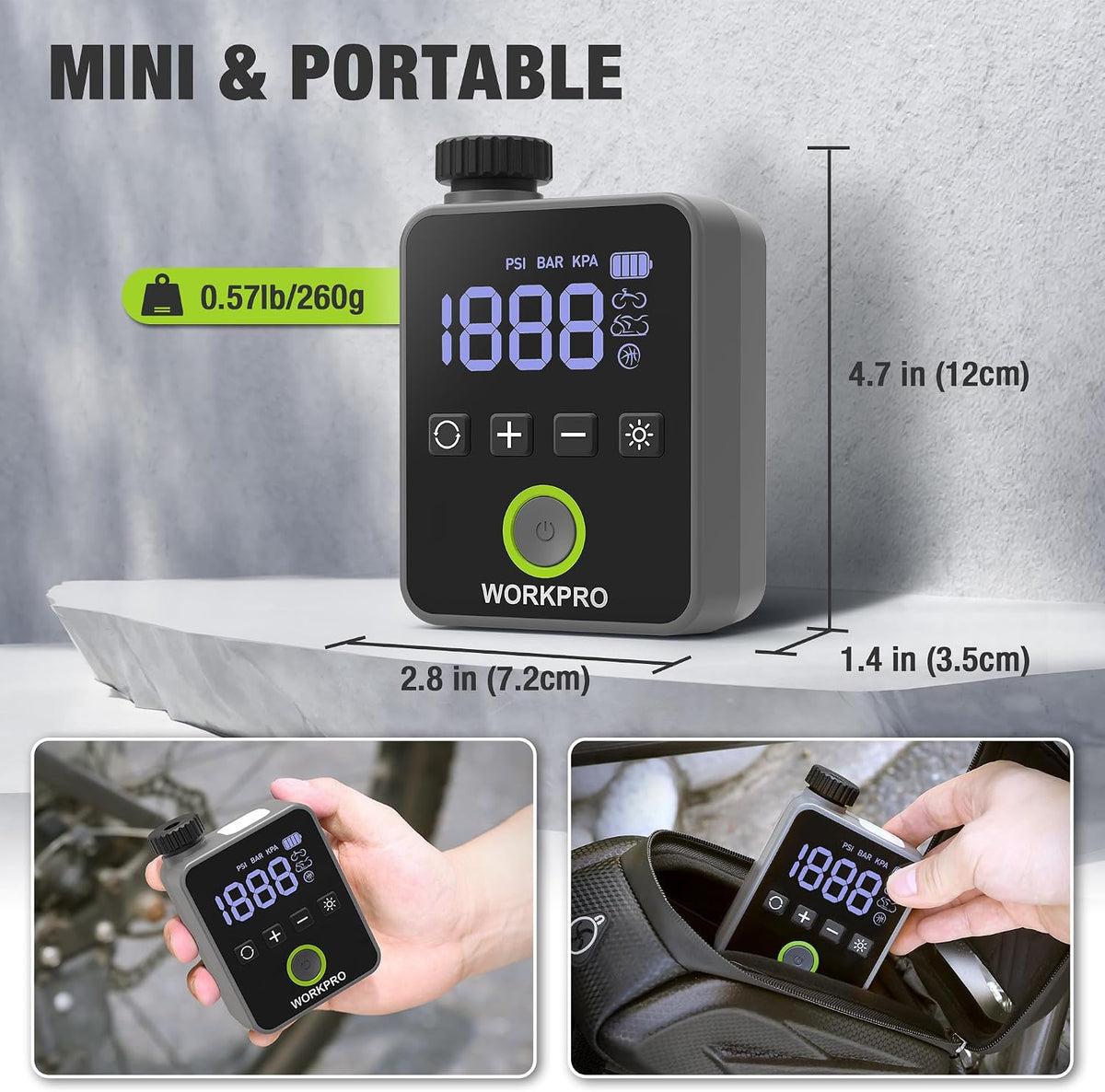 WORKPRO Mini Electric Bike Pump, 140 PSI Portable Tire Inflator