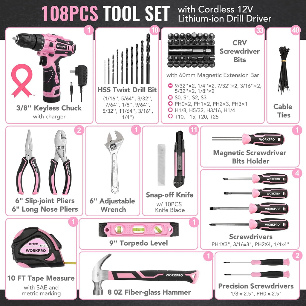 WORKPRO 12V Cordless Pink Drill Set for Women, Home Tool Kit with Tool box