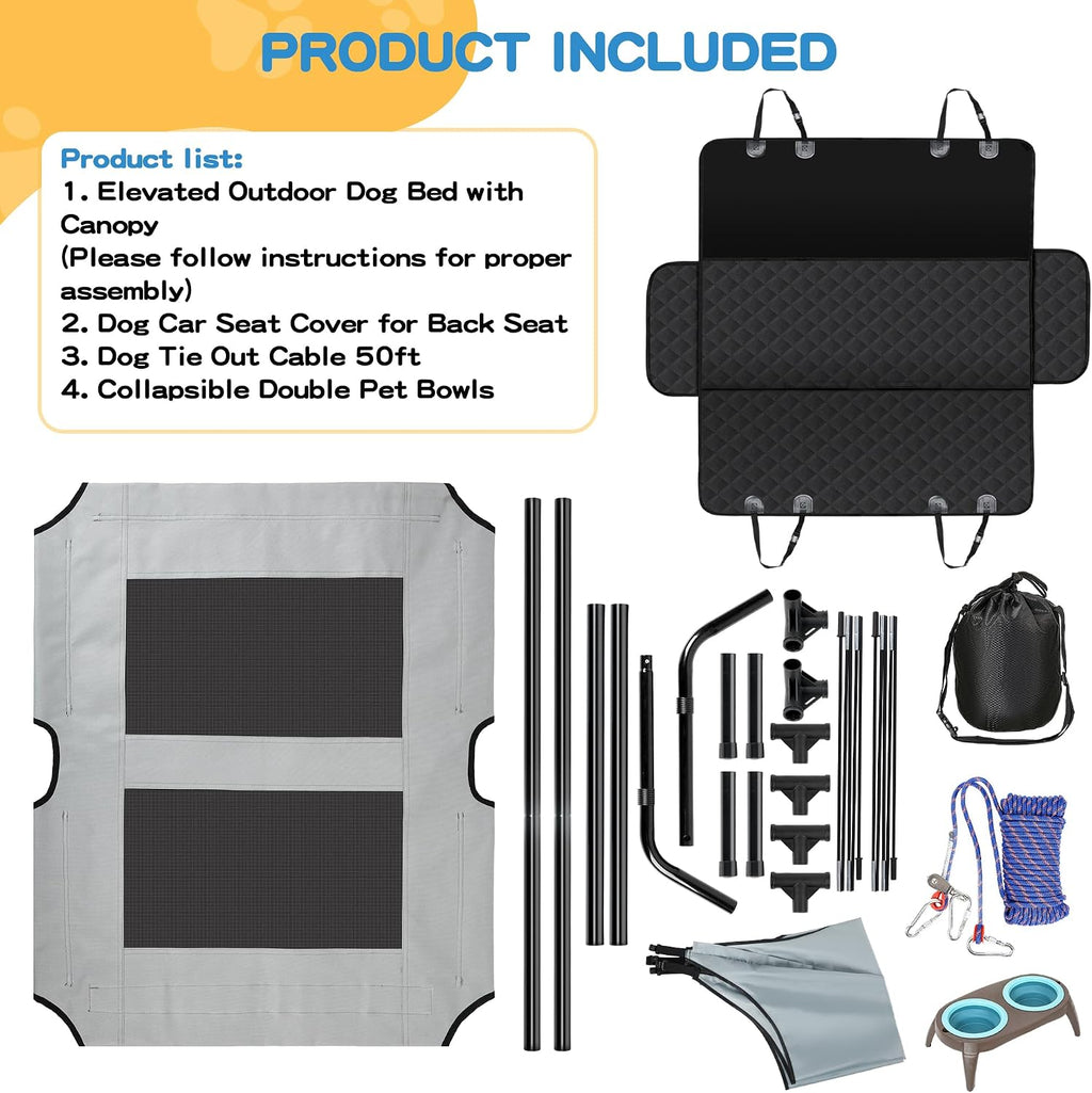 4-in-1 Pet Travel & Outdoor Set, Include 36in Gray Elevated Dog Bed with Canopy, Dog Canopy Bed, Pet Back Seat Cover, 50ft Tie Out Cable, Collapsible Double Pet Bowls