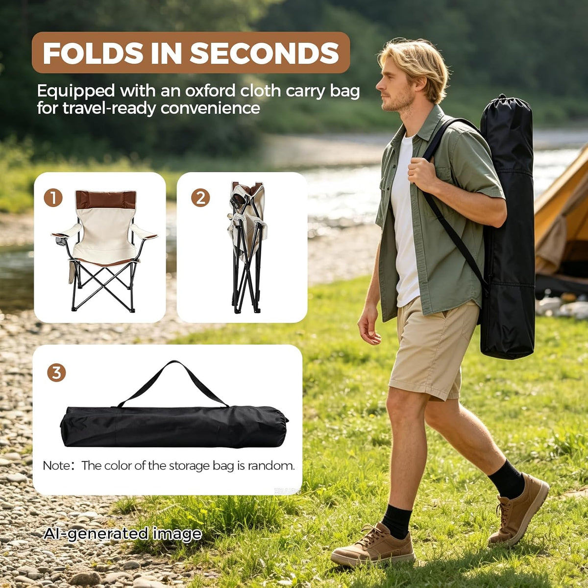 Camping Chairs 2Pack Beach Outdoor Chair for Adults Folding Lawn Chair with Cup Holder, Adjustable Backrest and Carry Bag for Tailgating, Beach, Fishing（Beige）