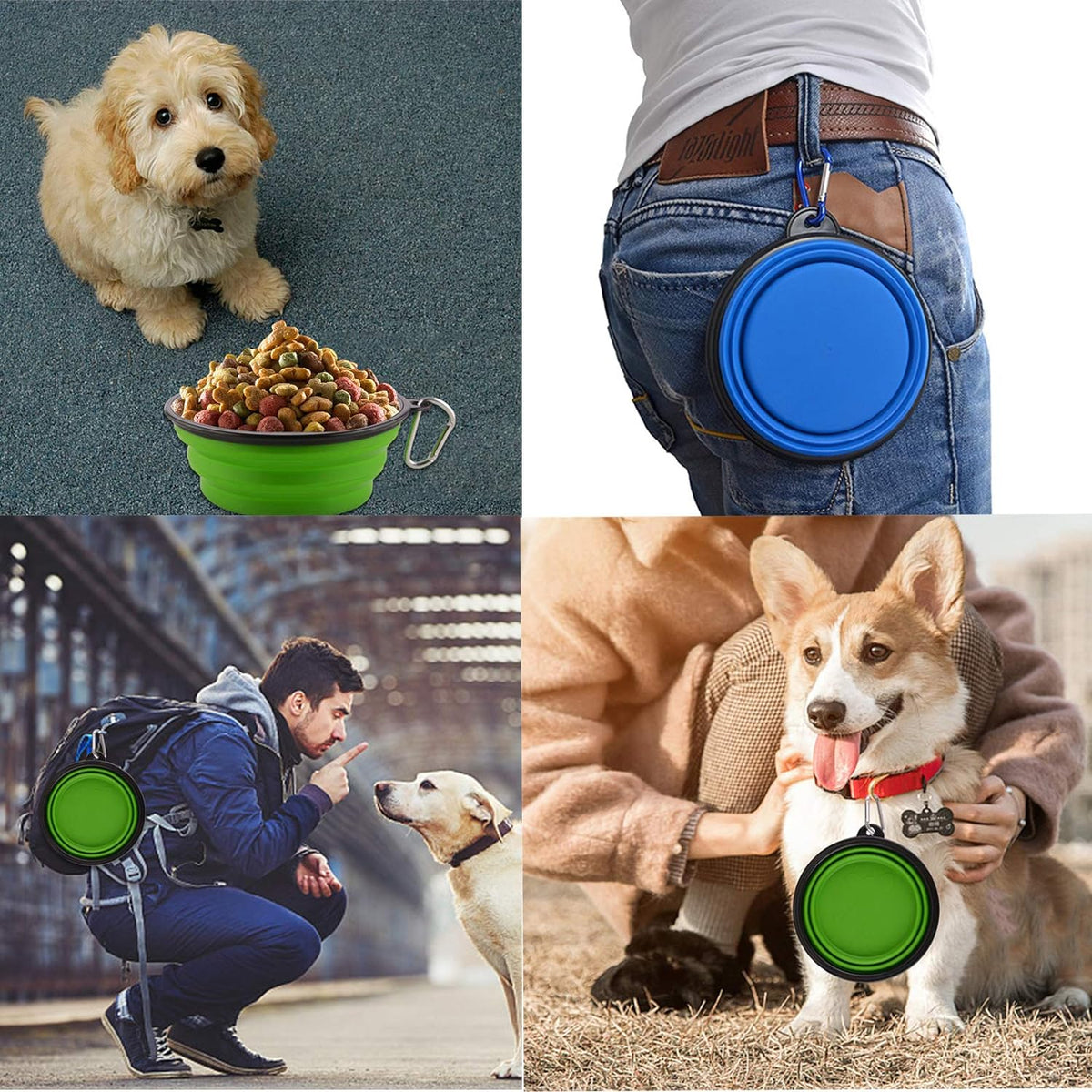 Large Collapsible Dog Bowls, 34oz Portable Foldable Travel Water Bowl Food Dishes with Carabiner Clip for Traveling, Hiking, Walking, 2 Pack (Purple+Green)
