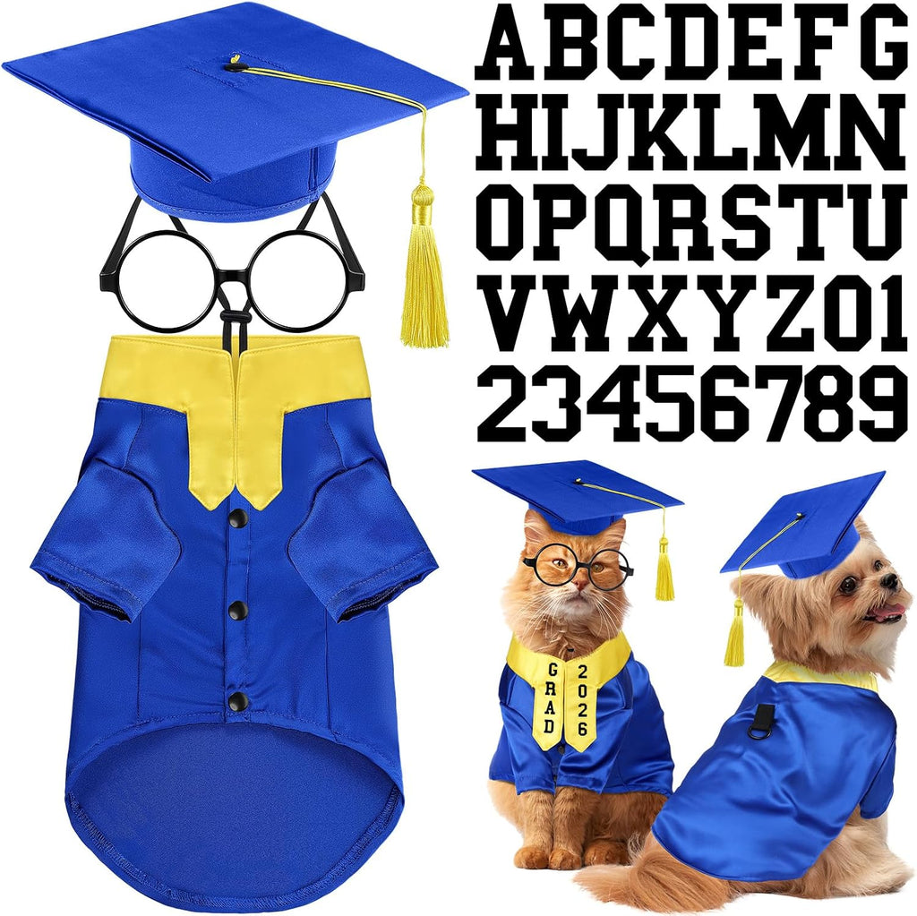 Huhumy 5 Pcs Dog Graduation Costume Set Include 2026 Pet Graduation Gown with Stole Puppy Grad Cap Lensless Glasses DIY Letter Stickers for Dogs Cats Holiday Costume Accessory(Blue Yellow,S)