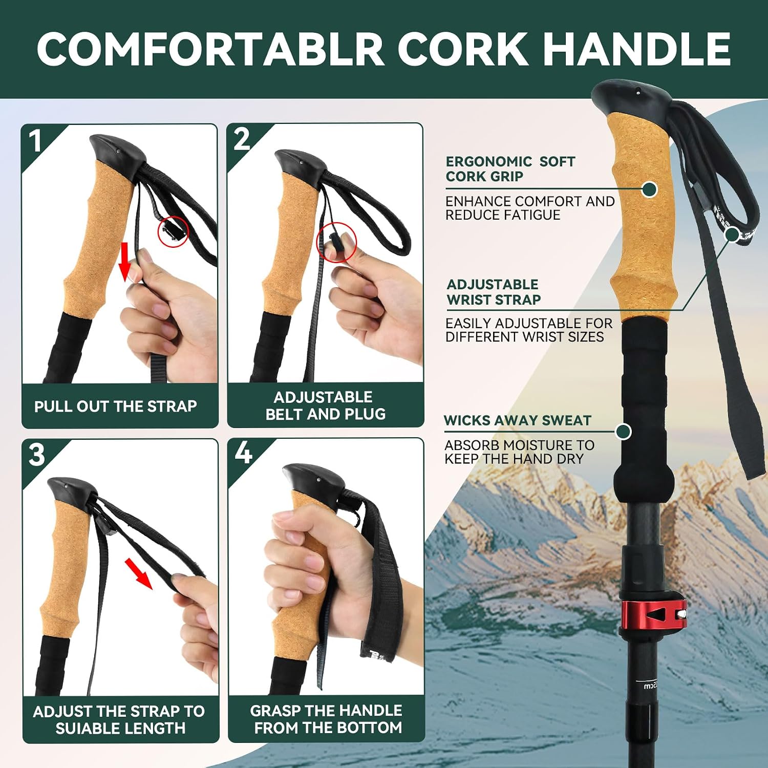 Carbon Fiber Trekking Poles, Lightweight Hiking Sticks with Cork Grip 2 Pcs