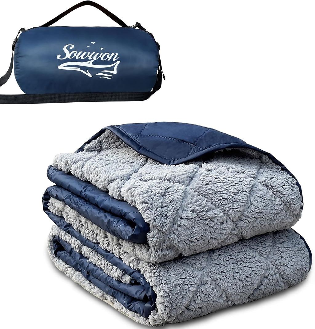 Waterproof Outdoor Blanket 91"x60" Large Quilted Fleece 300GSM Black