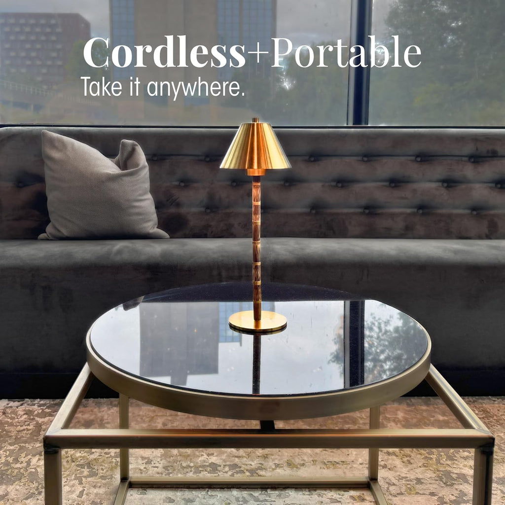 Bamboo Cordless LED Table Lamp – Rechargeable 24-Hour Battery, Dimmable Warm Light, Portable Wireless Lamp with Remote for Indoor/Outdoor Use, Home, Patio, Restaurant – (POLISHED GOLD), 14.76" Tall