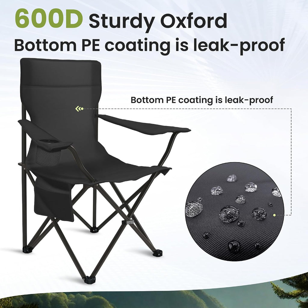 Camping Chairs for Adults 2 Pack, 300LBS Heavy Duty Reinforced Steel Portable Folding Chairs, Ergonomic High Back Outdoor Chair with Cup Holder & Side Pocket, Lightweight Set for Beach Picnic, Black
