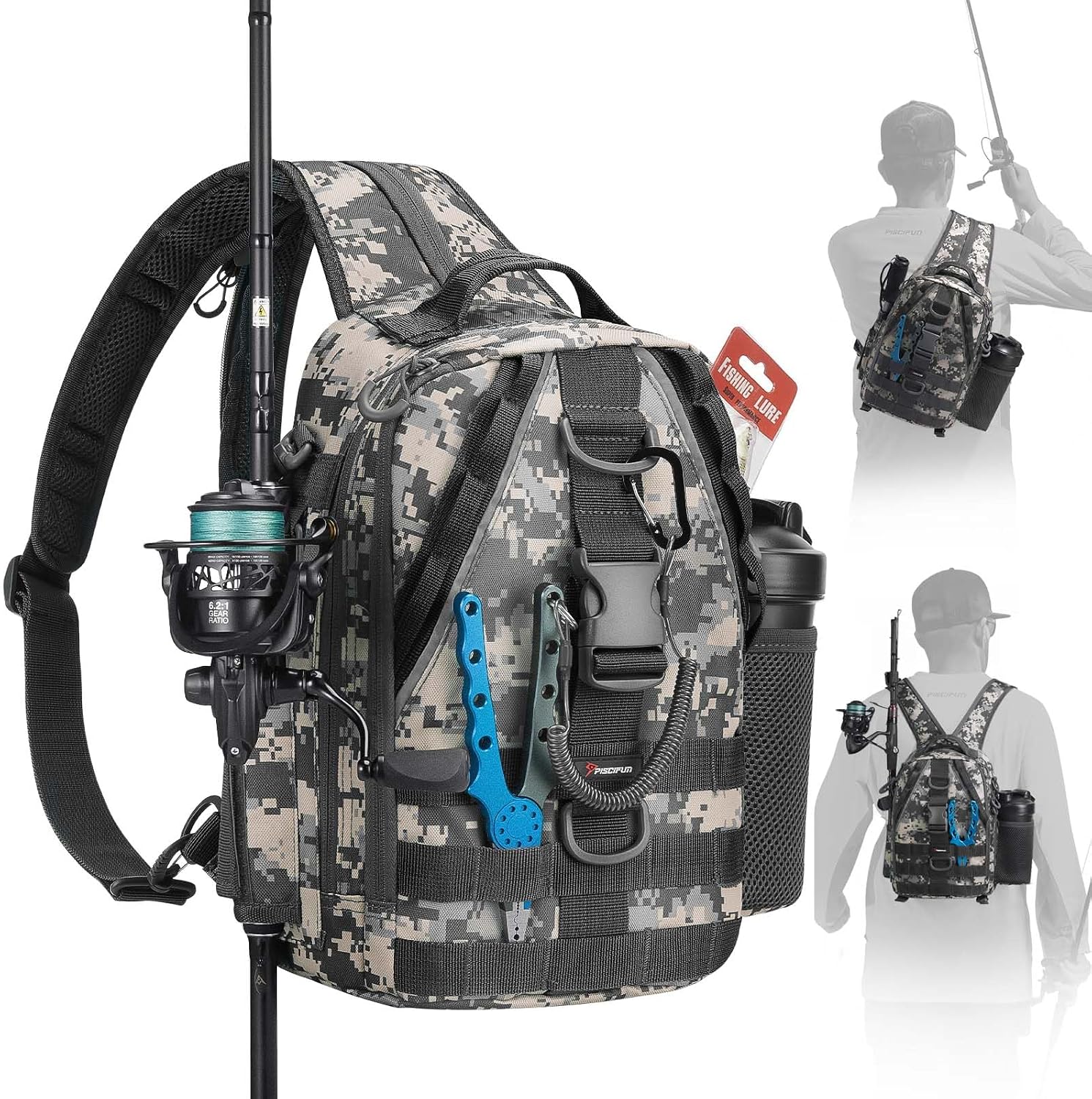 Piscifun Fishing Backpack, Rod Holders, Lightweight Sling Bag, Digital Camo