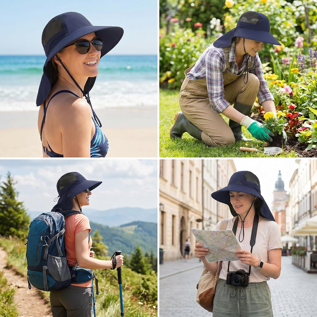 UV Sun Protection Hat Women Foldable Neck Flap Wide Brim Fishing Hat with Ponytail Hole for Women