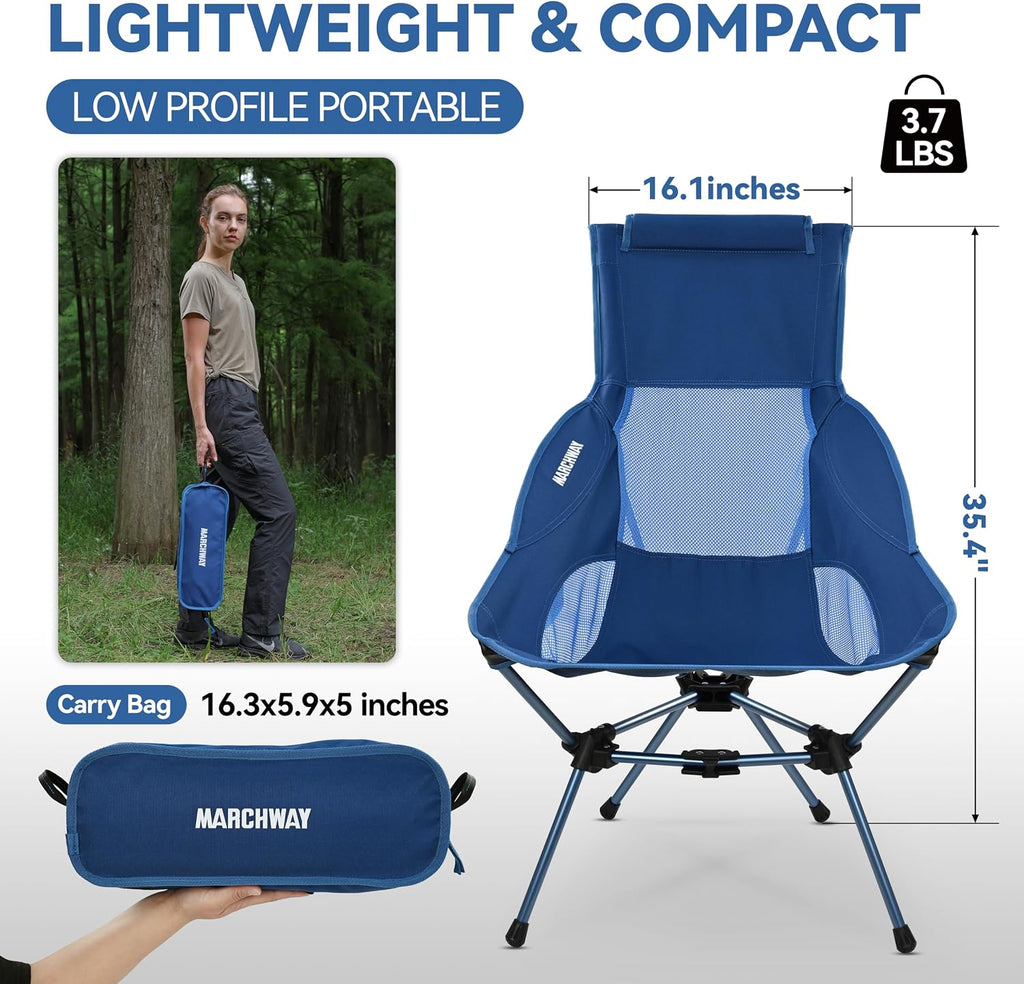 MARCHWAY Lightweight Folding High Back Camping Chair with Head Support, Stable Portable Compact for Outdoor Camp, Travel, Beach, Picnic, Festival, Hiking, Backpacking (Highback Dark Blue)