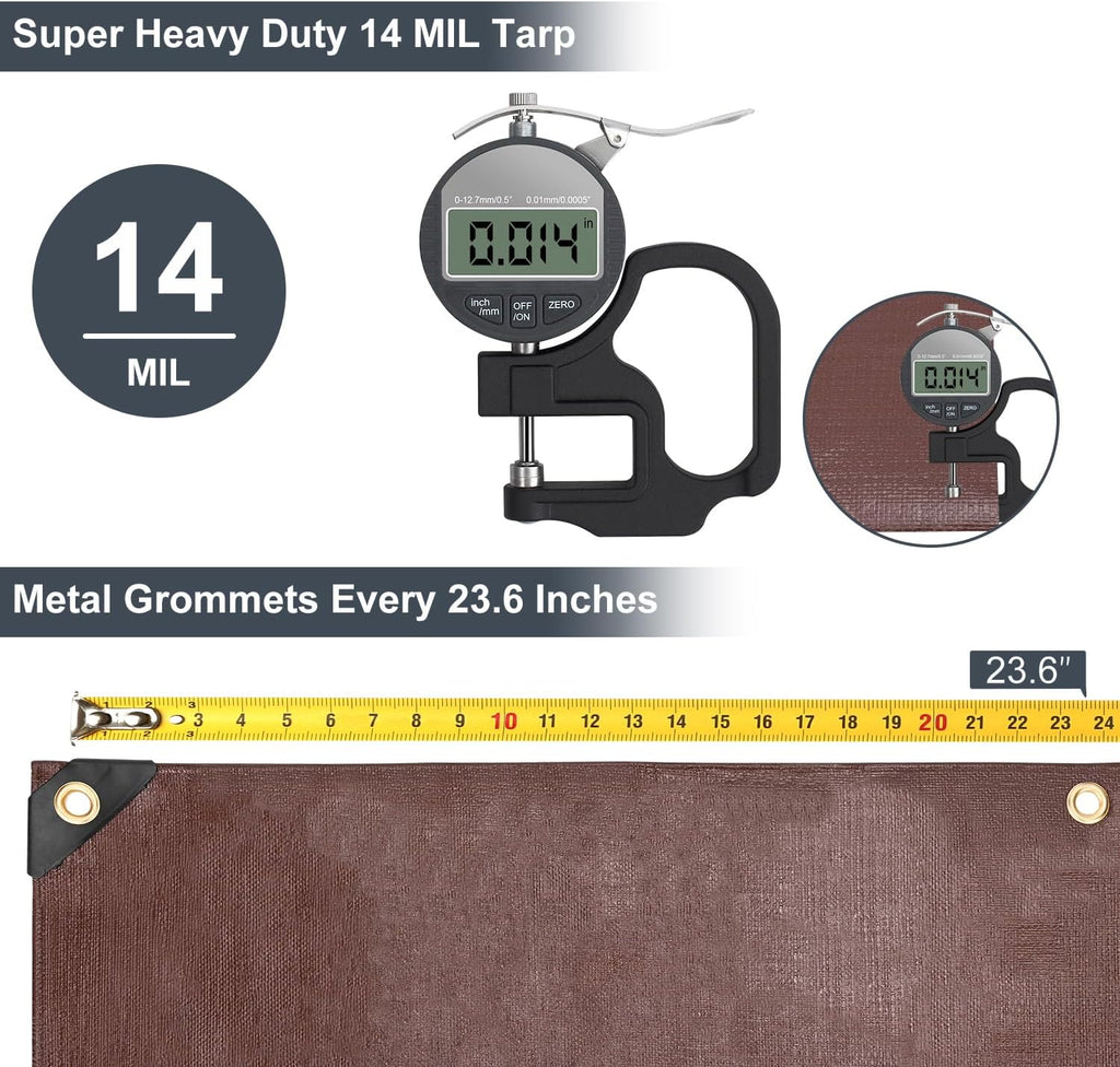 Large Tarp 12x20 FT Heavy Duty Waterproof 14 Mil Brown
