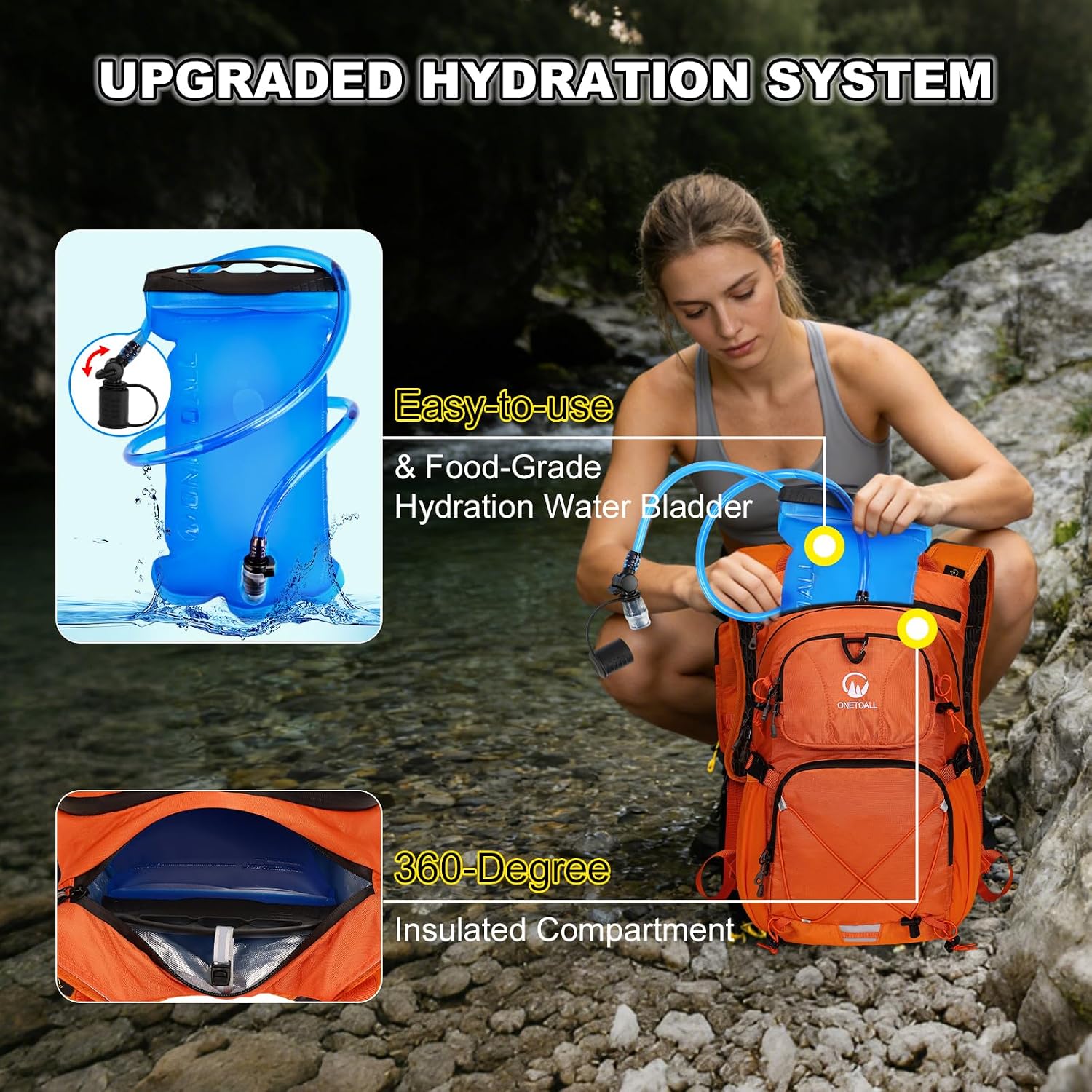 Hydration Backpack 22L, Hiking Backpack with 2L Leakproof Bladder, Sewn-in Rain Cover, Insulated Compartment for Men & Women Running, Cycling, Camping