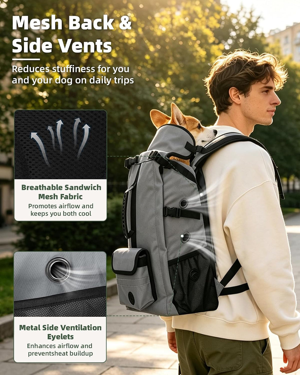 Breathable Dog Hiking Backpack Carrier for Small Dogs, Grey