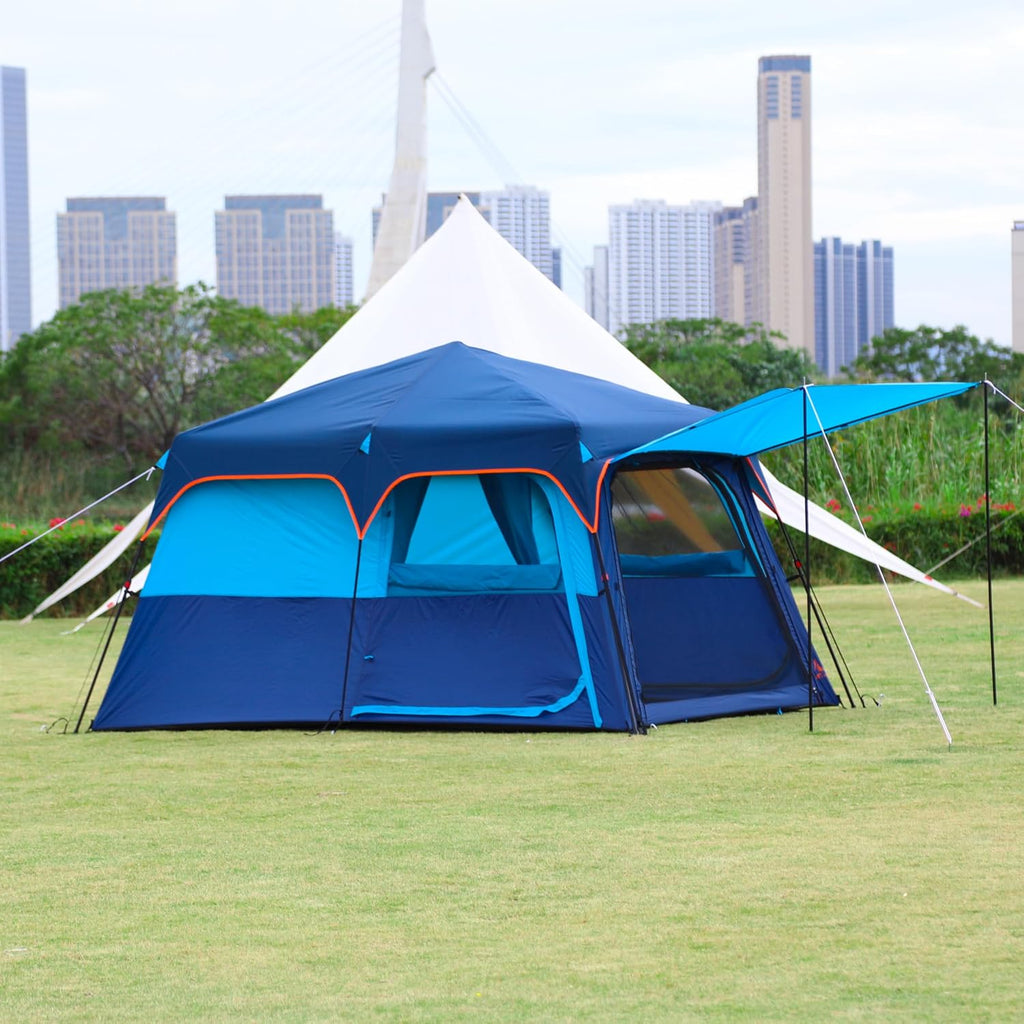 KTT Extra Large Tent 8-10-12-14 Person(A),Family Cabin Tents,2 Rooms,3 Doors and 3 Windows with Mesh,Straight Wall,Waterproof,Double Layer,Big Tent for Outdoor,Picnic,Camping,Family Gathering