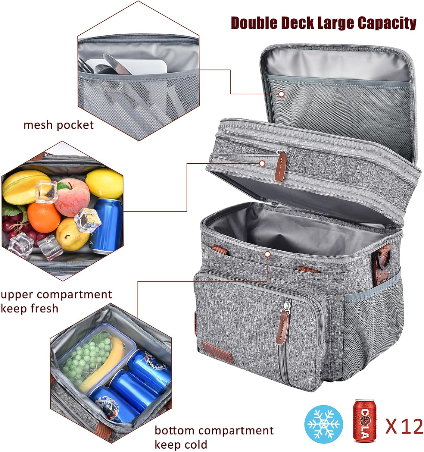 MIYCOO Lunch Bag for Women & Men, Expandable Double Deck Lunch Box, 15L