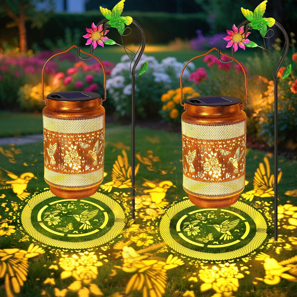 2 Pack Hummingbird Solar Lanterns Outdoor Waterproof Solar Garden Decor, Birthday Gifts for Women Mom Grandma, Metal Hanging Lights with Shepherd Hook for Yard Patio Pathway Backyard Porch