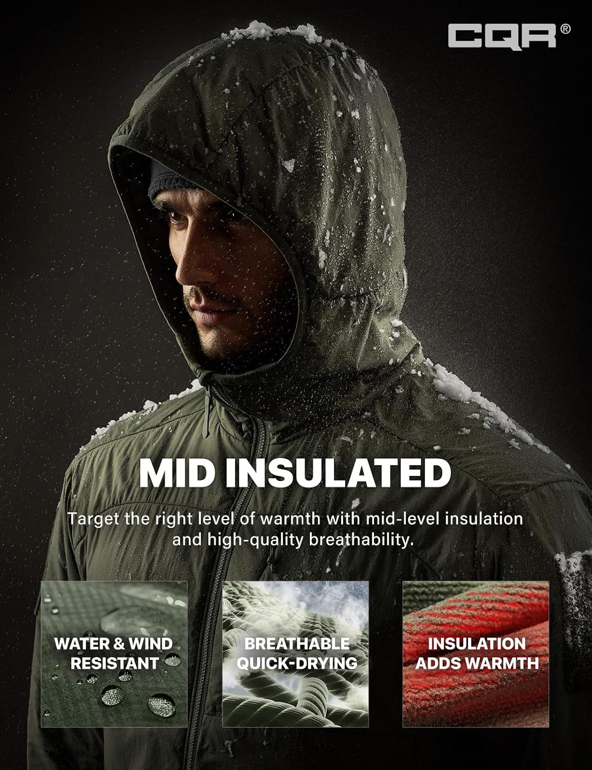 CQR Men's Lightweight Warm Insulated Jacket, Windproof Water Resistant Winter Active Coat for Hiking Work Outdoor Tactical