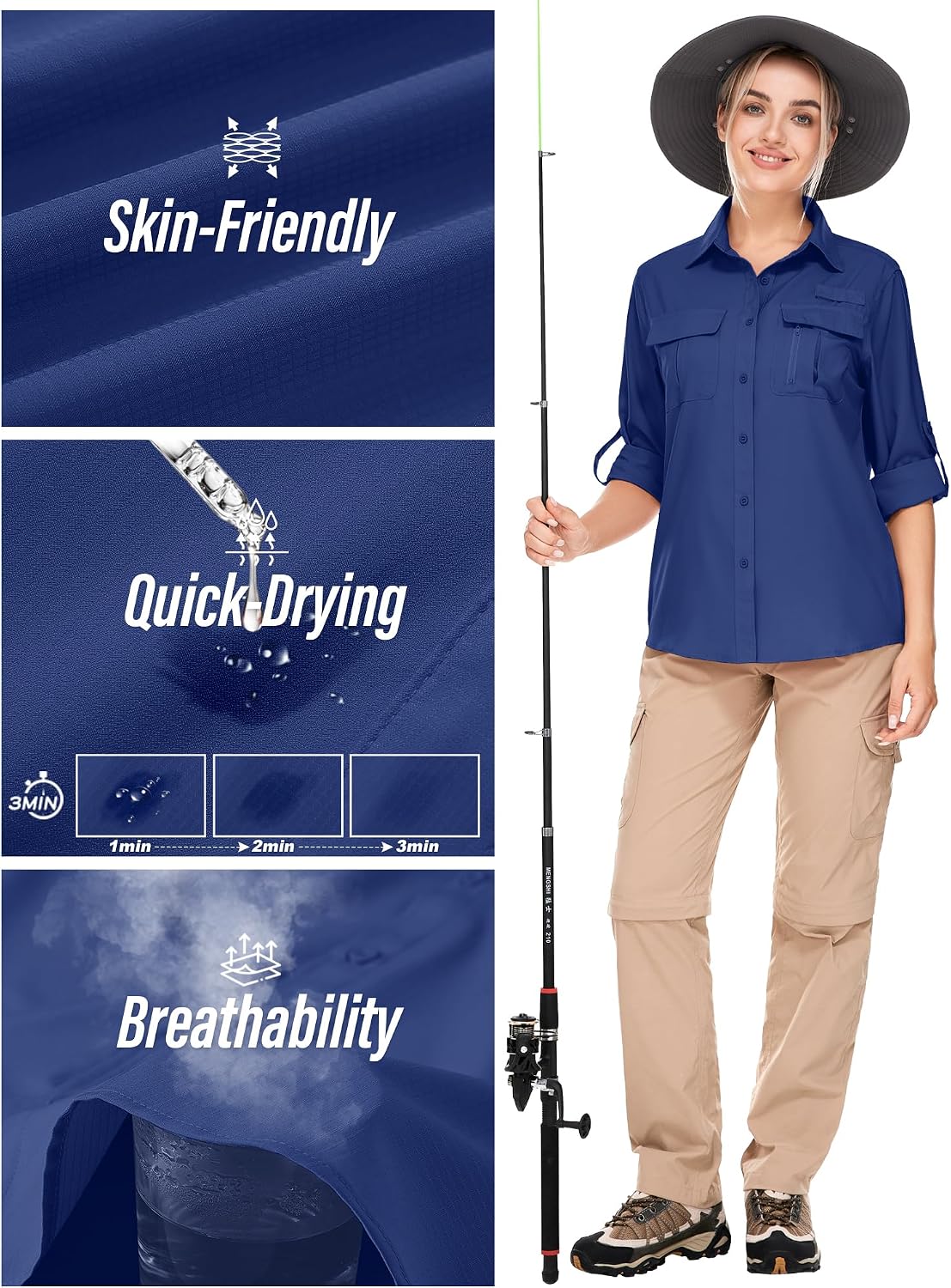 Women's UPF 50 Long Sleeve Sun Protection Safari Fish Hiking Shirts