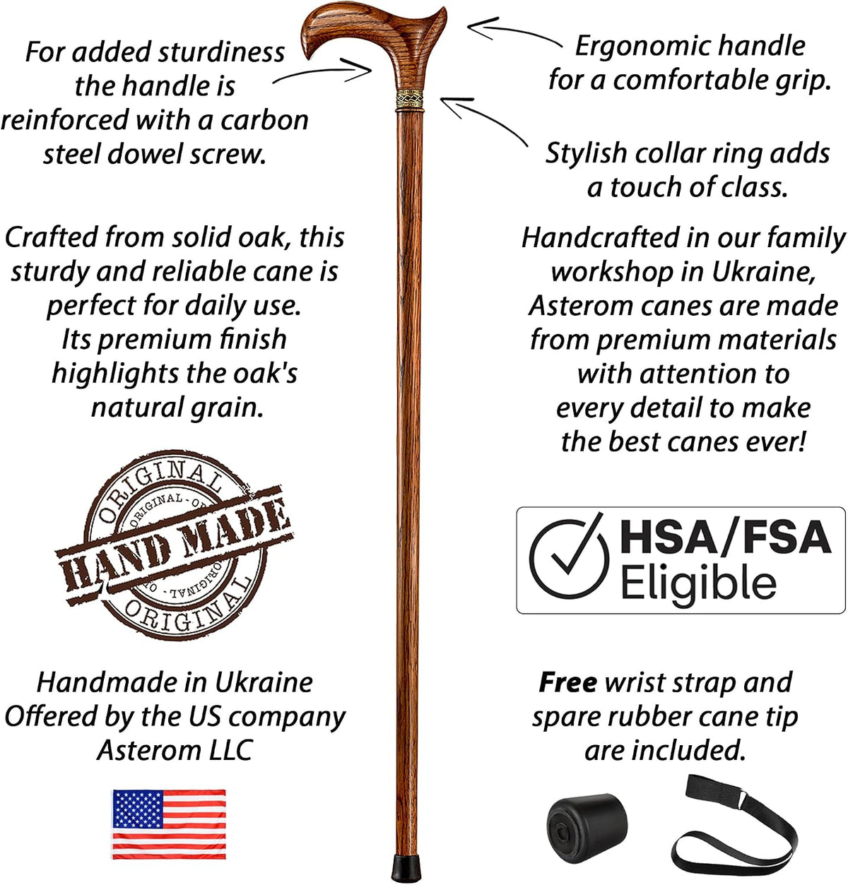 Asterom Handcrafted Walking Cane, Stylish Wooden Canes for Men, Oak Wood