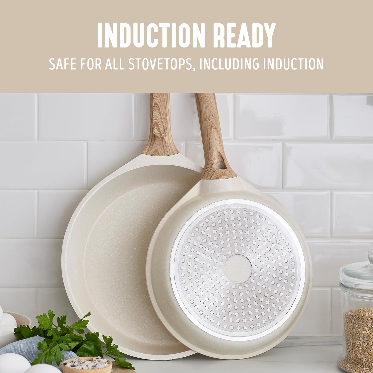GreenLife Nonstick 2 Piece Frying Pan Set, 9.5" & 11" Skillets Ceramic PFAS-Free Nontoxic, Induction Suitable, Wood Print Handles, Stay-Cool Handles, Deep Cooking Skillets, Egg Pan, Granite Cream