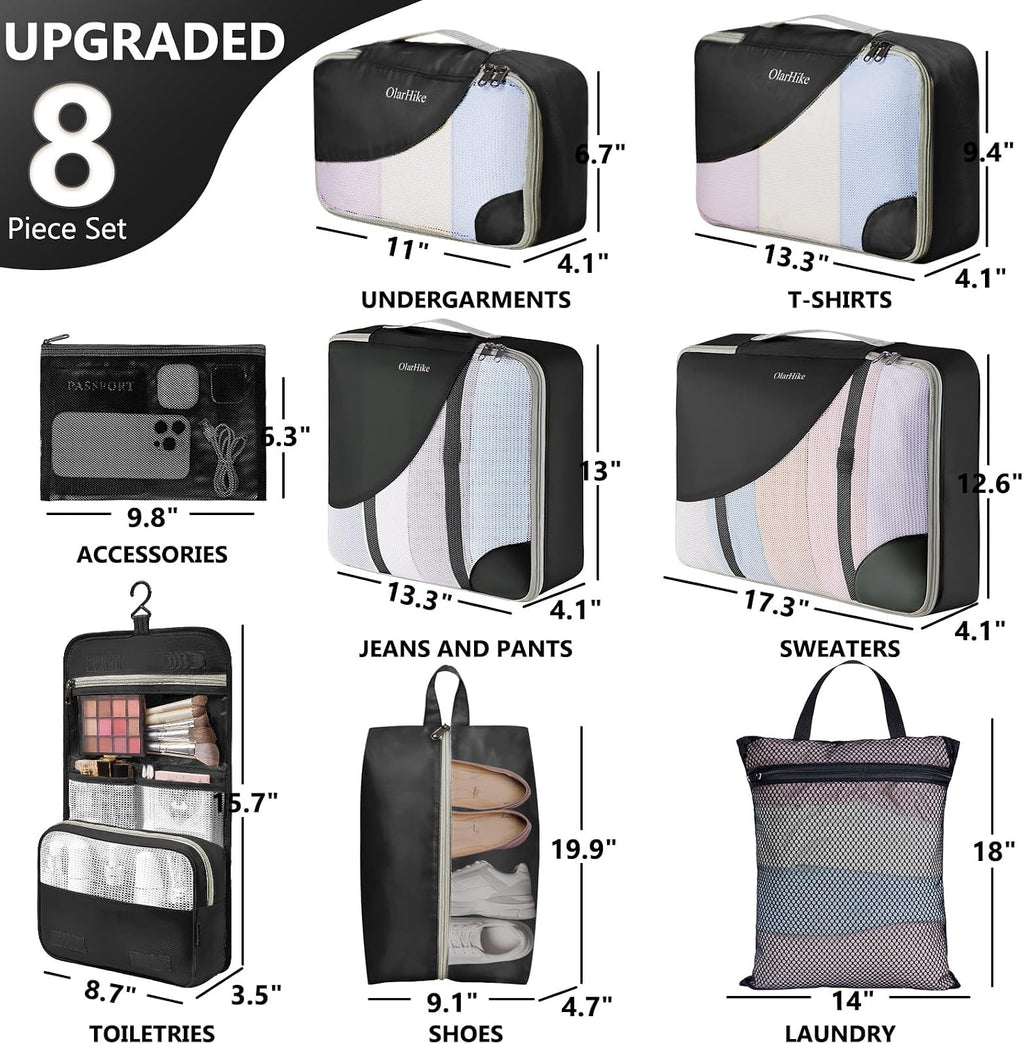 OlarHike 8 Set Packing Cubes for Travel,Gifts for Women Mom,Anti-Tearing Suitcase Organizer,with Over 1000 pcs Mesh Holes,Vacation Essentials & Accessories for Cruise Ship