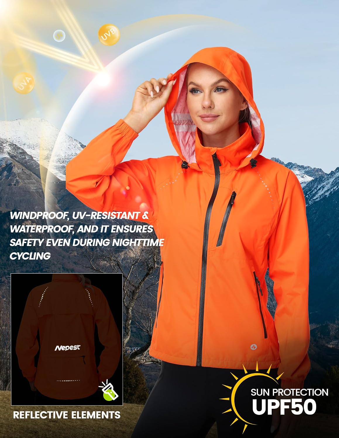 Nepest Womens Cycling Rain Jackets Biking Windbreaker with Hood UPF 50+