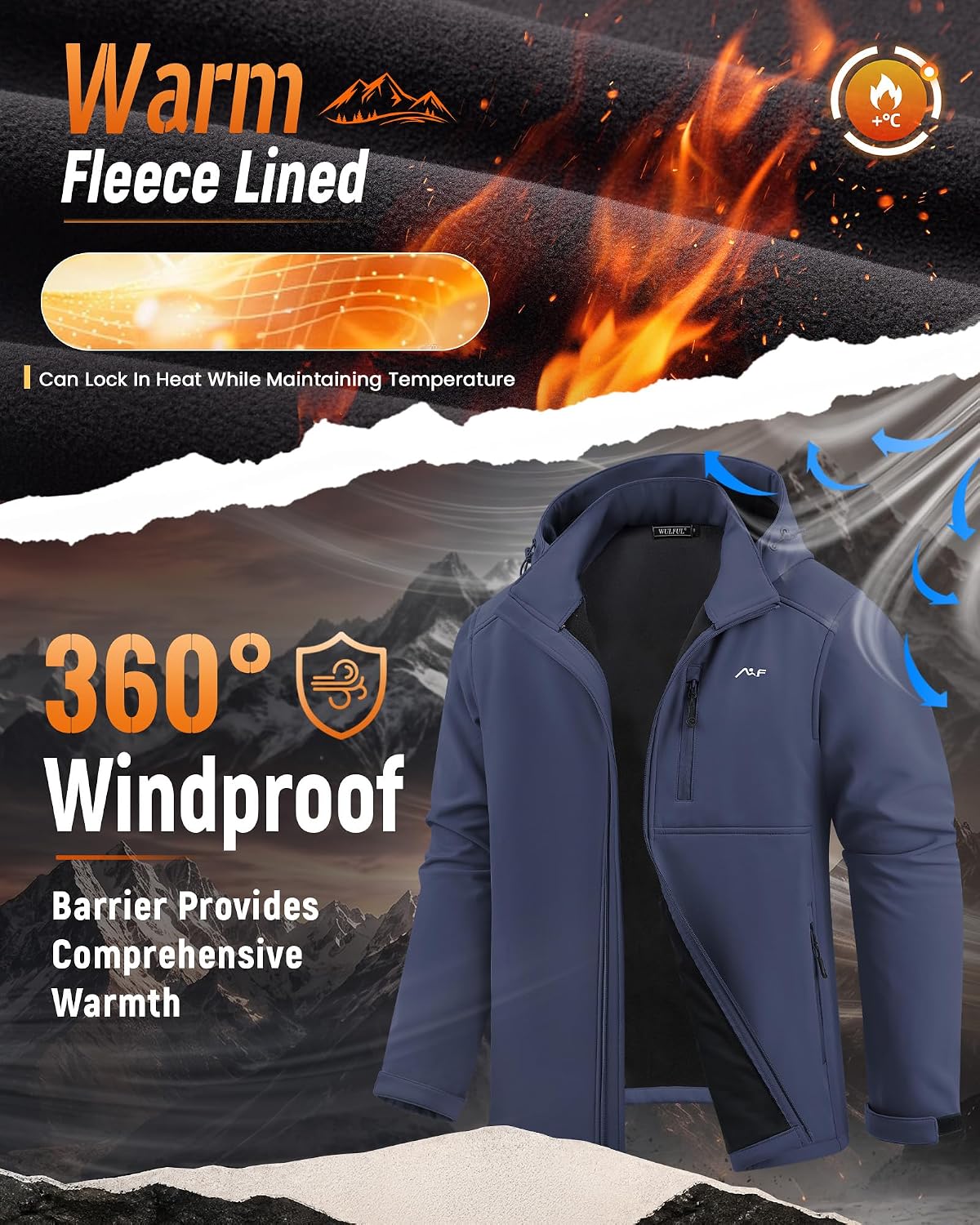 WULFUL Men's Softshell Jacket Waterproof Lightweight Insulated Windbreaker Fleece Lined Rain Shell Jacket for Hiking Travel