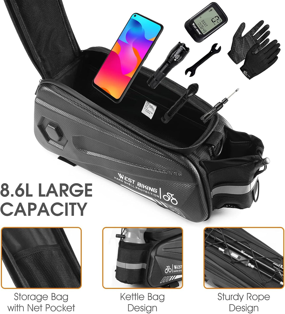 West Biking Bike Rear Seat Bag, Double Water Resistant, Zipper, Bicycle Trunk Pannier, 8.6L Capacity Waterproof Backseat Carrier Cargo Pouch with Strap & Rain Cover For Cycling