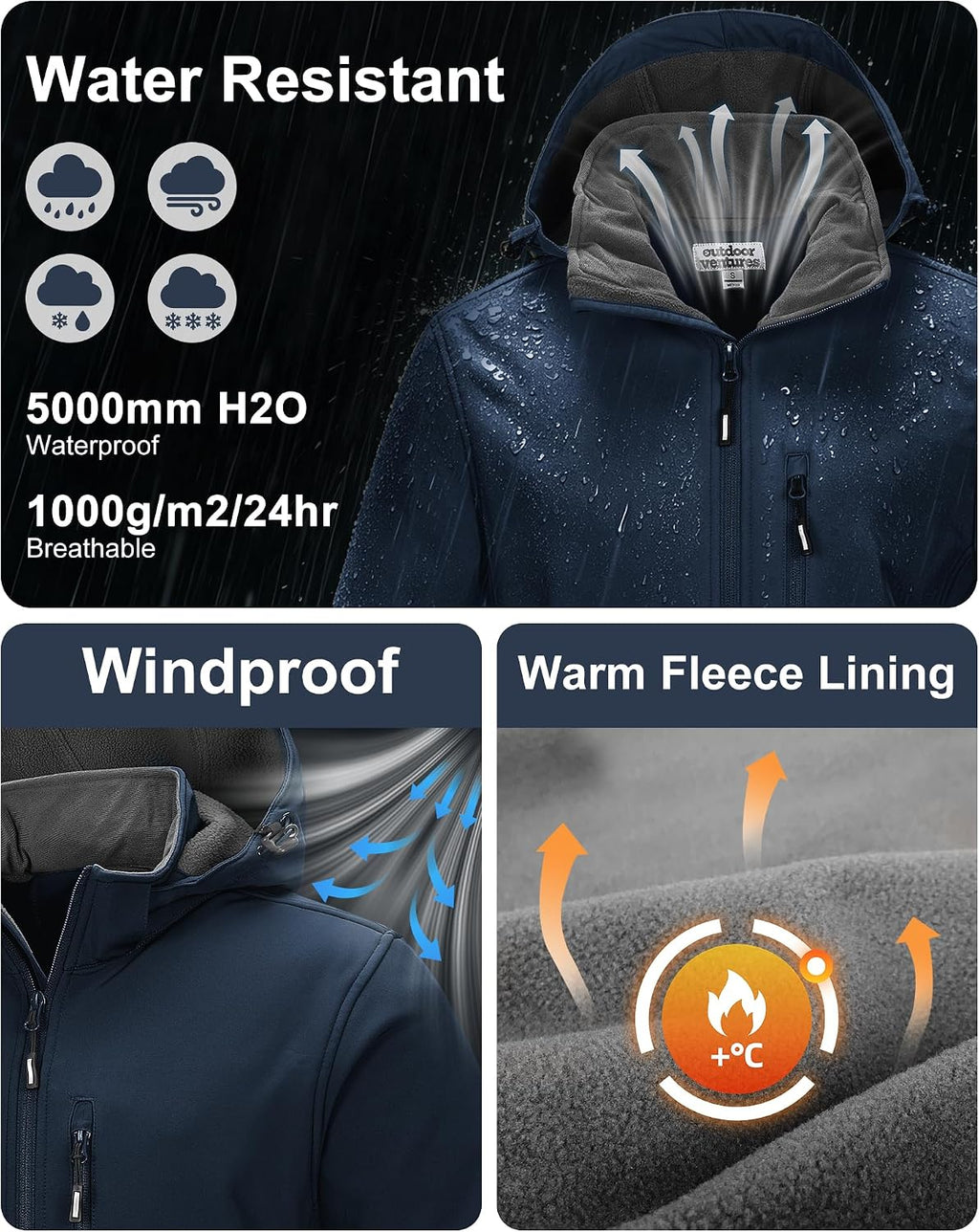 Outdoor Ventures Men's Softshell Jacket Waterproof Fleece Rain Shell Coat