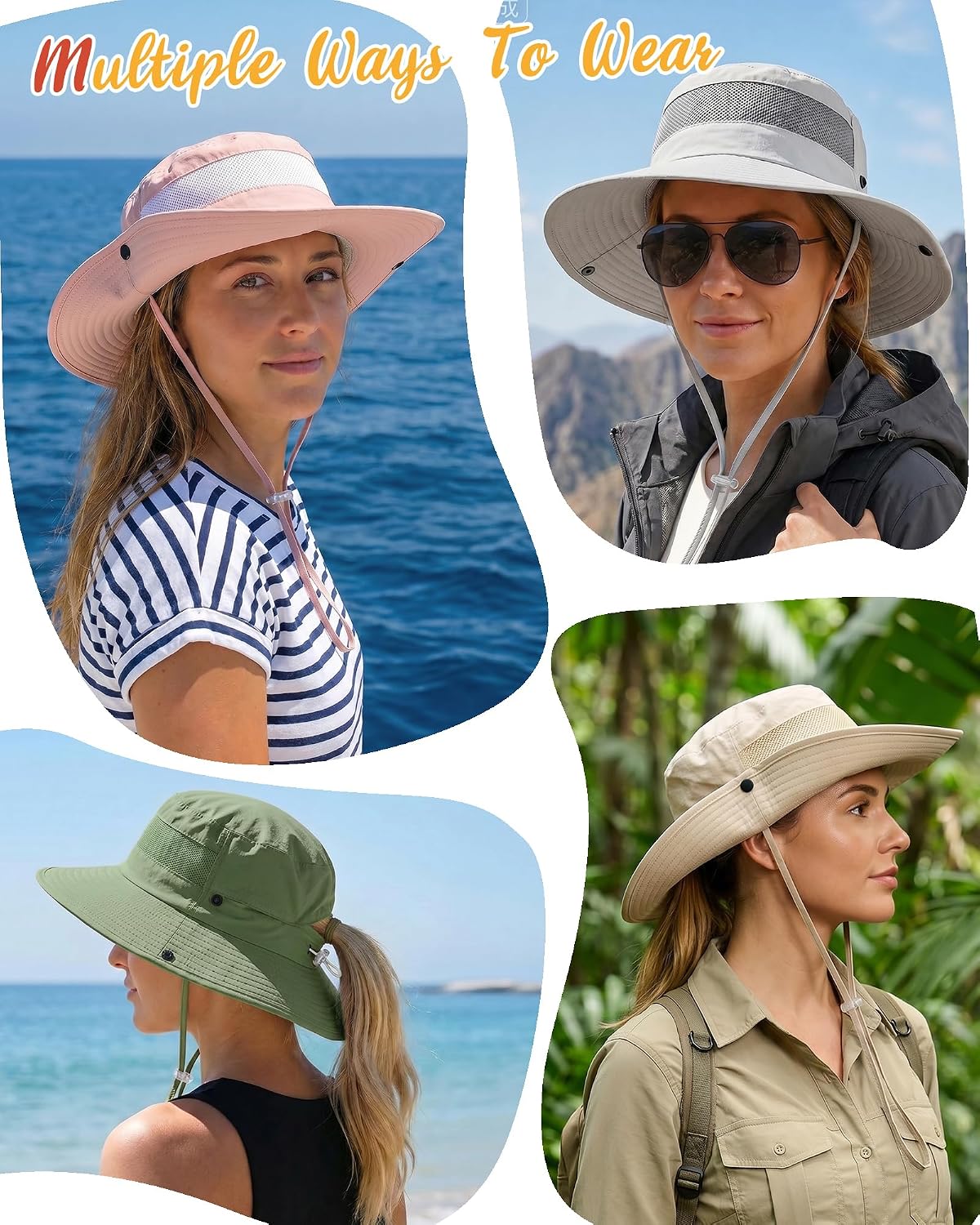 Women's Sun Hat Sun Protection Wide Brim Bucket with Ponytail Hole Summer