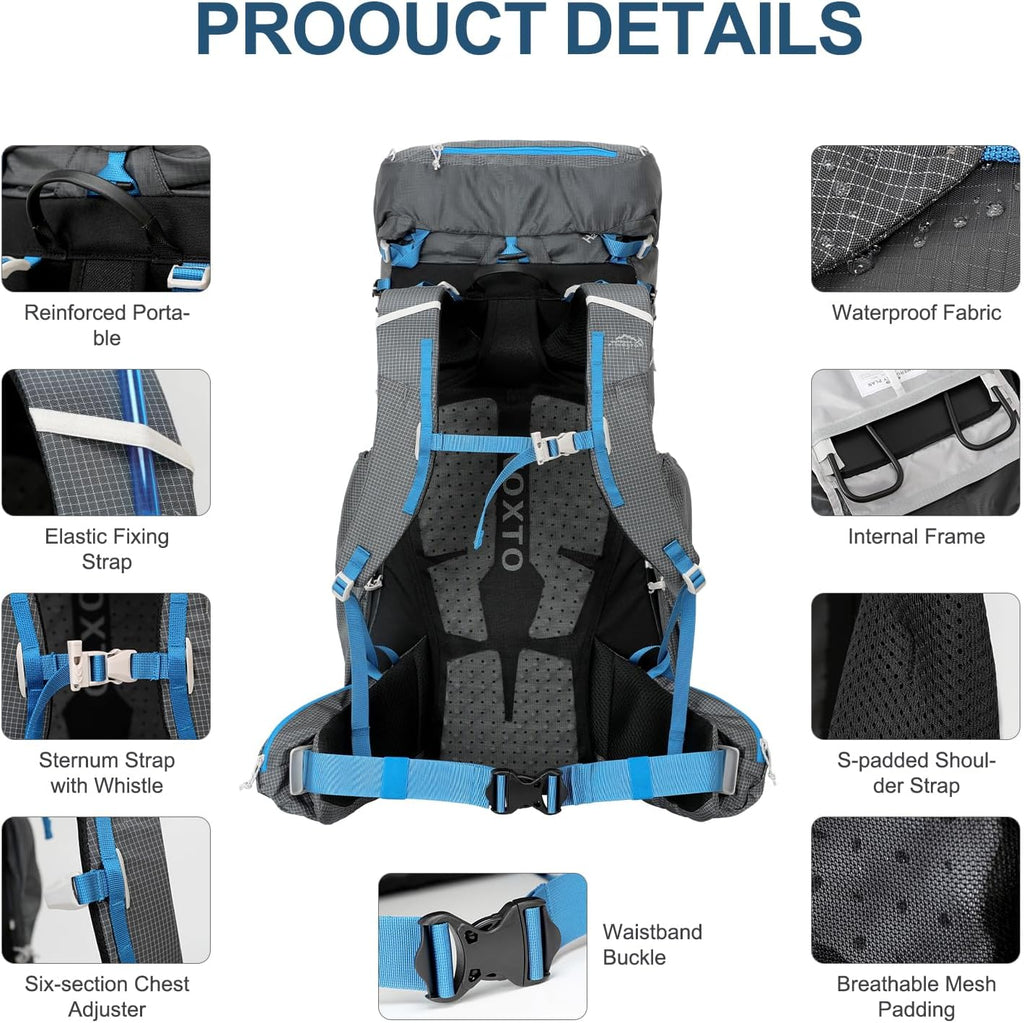 IX INOXTO 55L Internal Frame Waterproof Hiking Camping Backpack with 3L Water Bladder and Rain Cover, Large Lightweight Travel Daypack Rucksack for Climbing (Dark Gray)