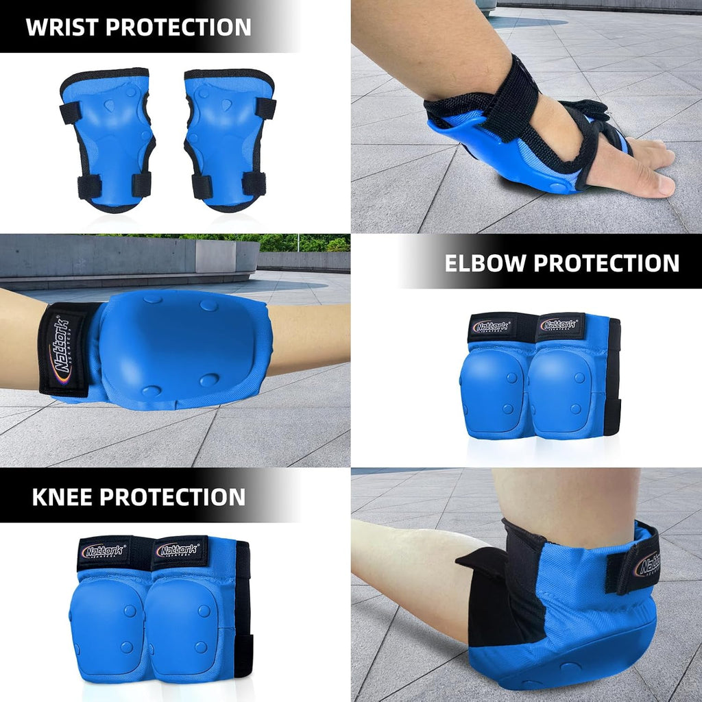 Nattork Knee Pads for Kids Youth Audlt，Knee and Elbow Pads with Wrist Guards 6 in 1 Protective Gear Set for Skateboard, Roller Skate, Inline Skates, Cycling and Scooter Boys Girls