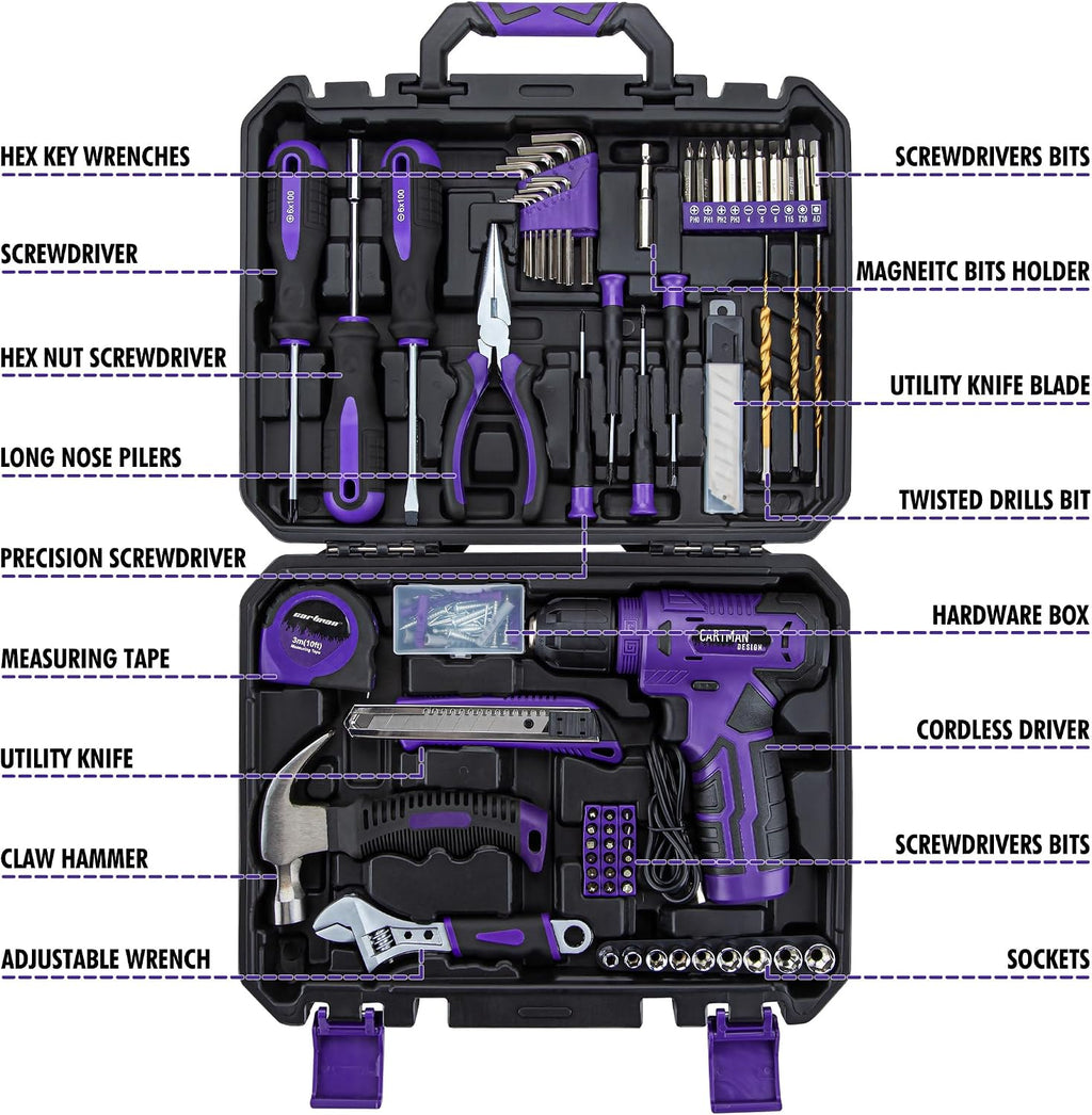 CARTMAN 150PCS 8V Cordless Drill Hand Tool Set, Purple Household Repair Kit