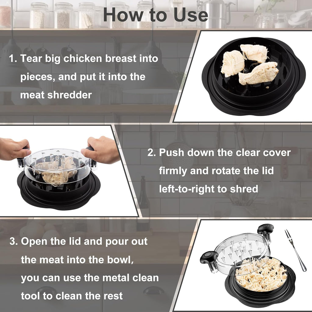 Chicken Shredder Tool Twist Large Meat Shredder with Brush&Fork, Black