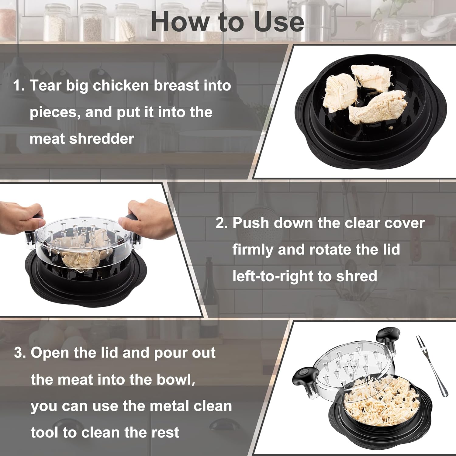 Chicken Shredder Tool Twist Large Meat Shredder with Brush&Fork, Black