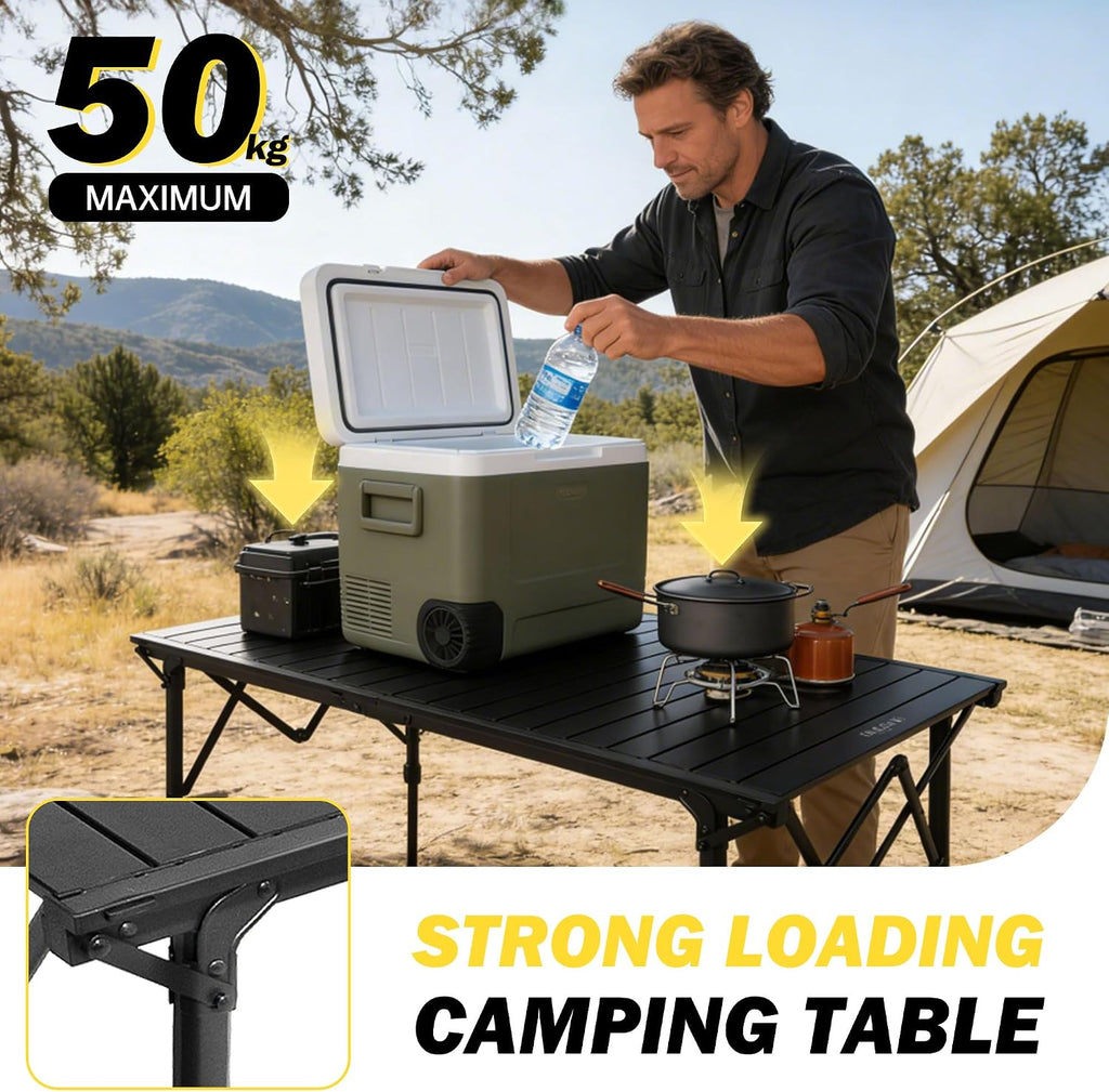 50" Large Folding Camping Table with Adjustable Hight Legs for 2-6 People - Heavy Duty Foldable Camp Table with Roll-Up Aluminum Picnic Table, Portable Outdoor Table for Cooking,Beach,BBQ,Party