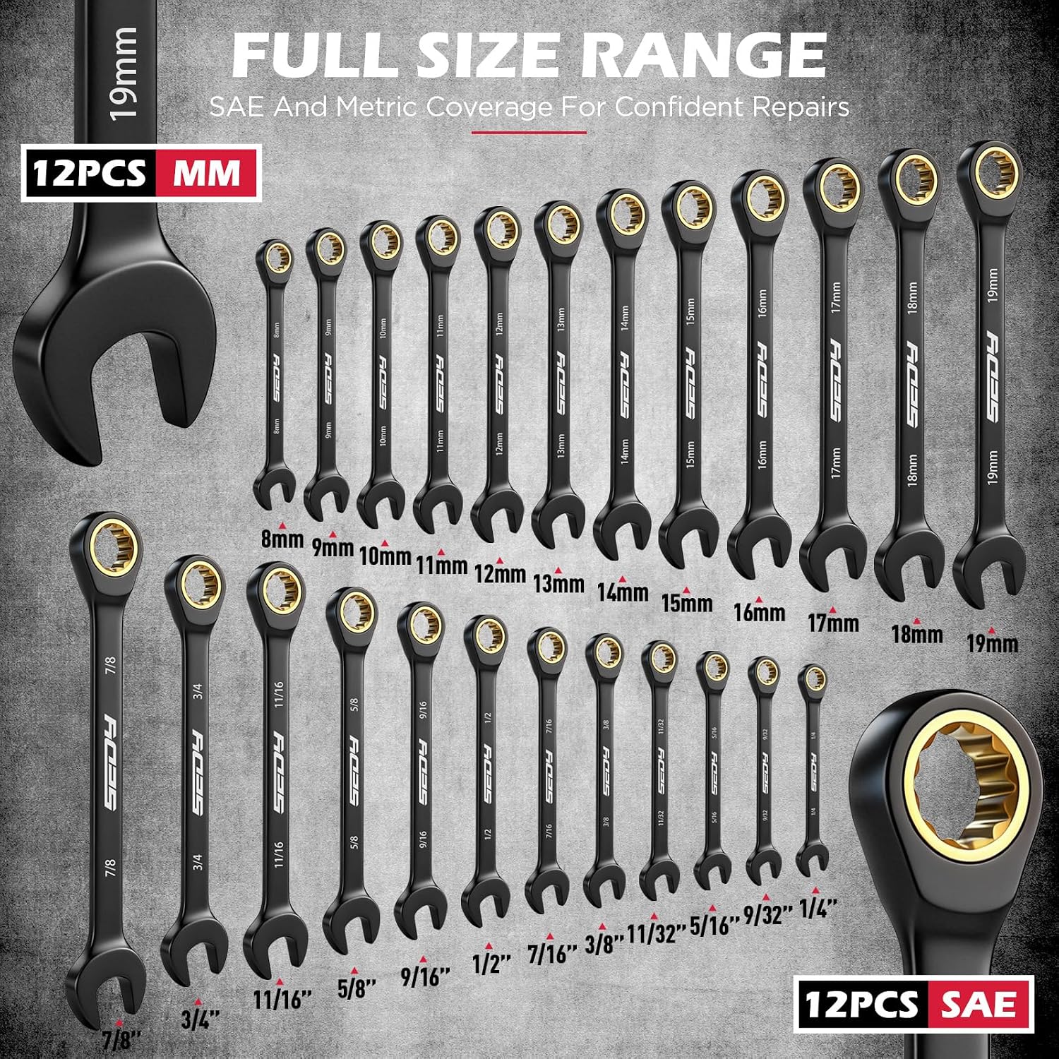 Premium 24-Piece Ratcheting Wrench Set, SAE(1/4-7/8") & Metric(8–19mm) Combination Wrenches, 72-Tooth CR-V Steel with Durable Black Finish, Ratchet Spanners with Roll-Up Tool Pouch for Repair