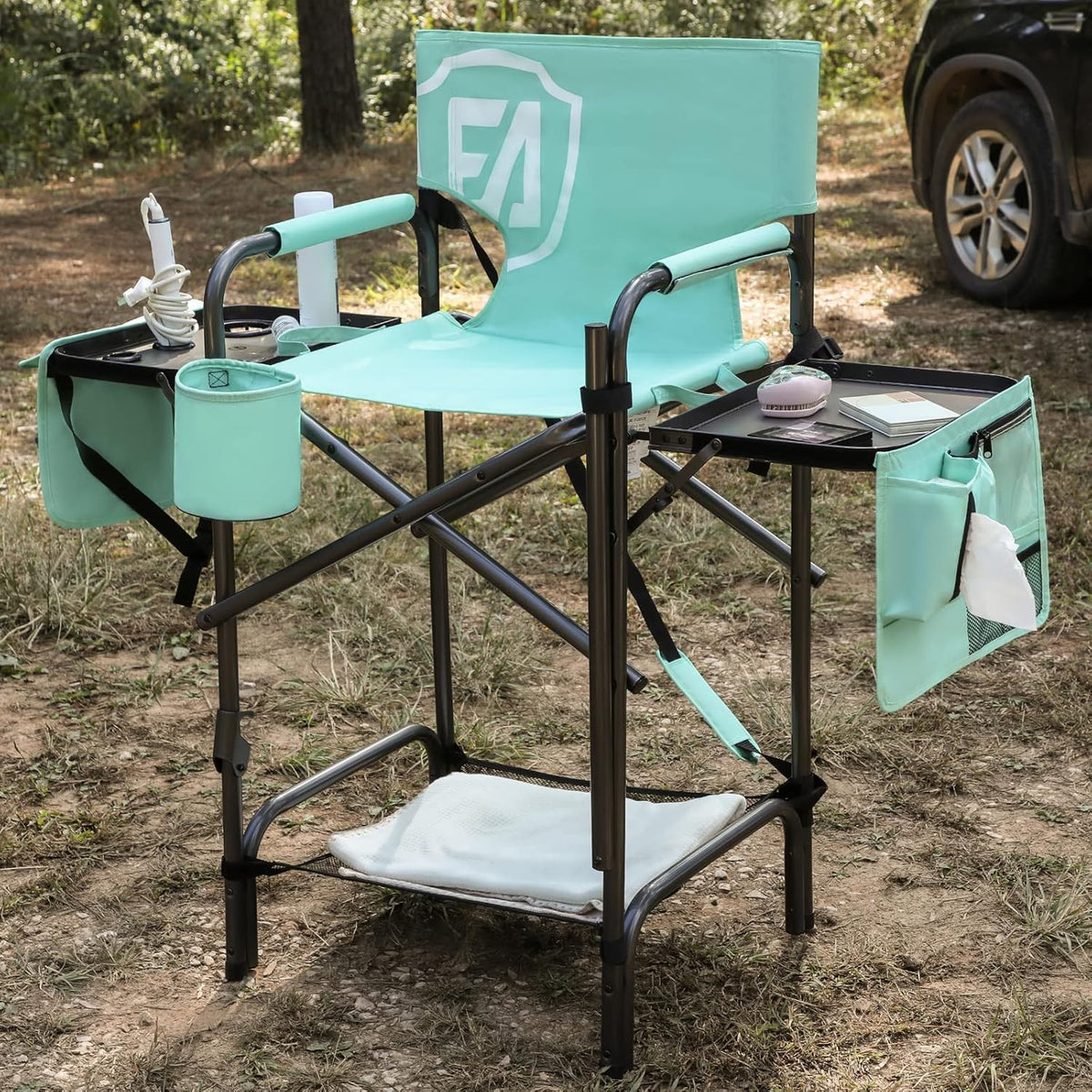 EVER ADVANCED 2 Pieces 31" Tall Portable Makeup Artist Chair for Clients Directors Chair with Two Side Tables, Foldable Folding Chair for MUA, Craft Shows, Hair Stylist, Salons, Movie 350LBS Green
