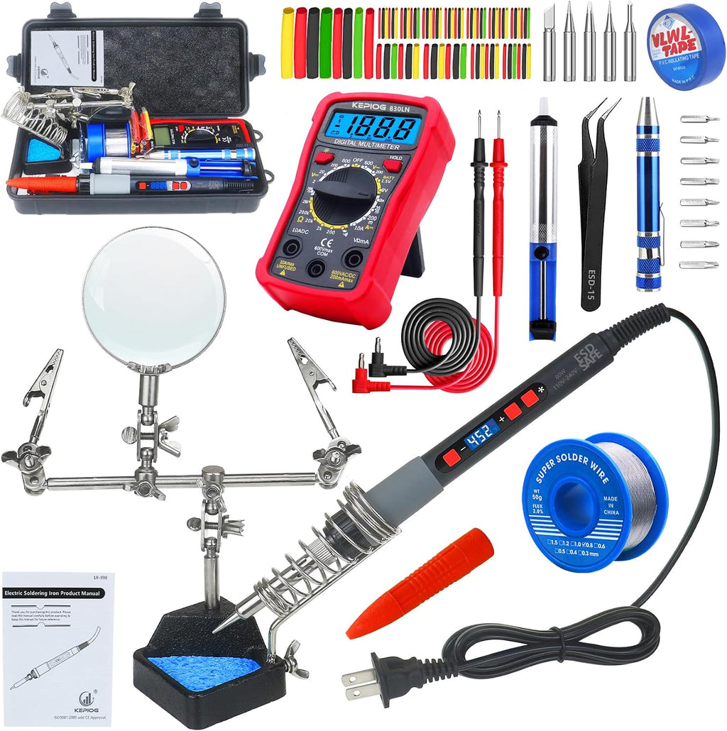 Soldering Iron Kit, 80W Electric Solder iron, Adjustable Temperature (180°C- 500°C）, With Multimeter, Magnifier Welding Helping Hand, Heat shrink tubing, Solder Wire, Desoldering pump.
