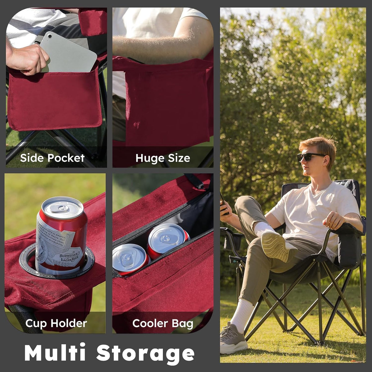 Colegence Oversized Heavy Duty Camping Chairs, 2 Pack, 450 lb, Red