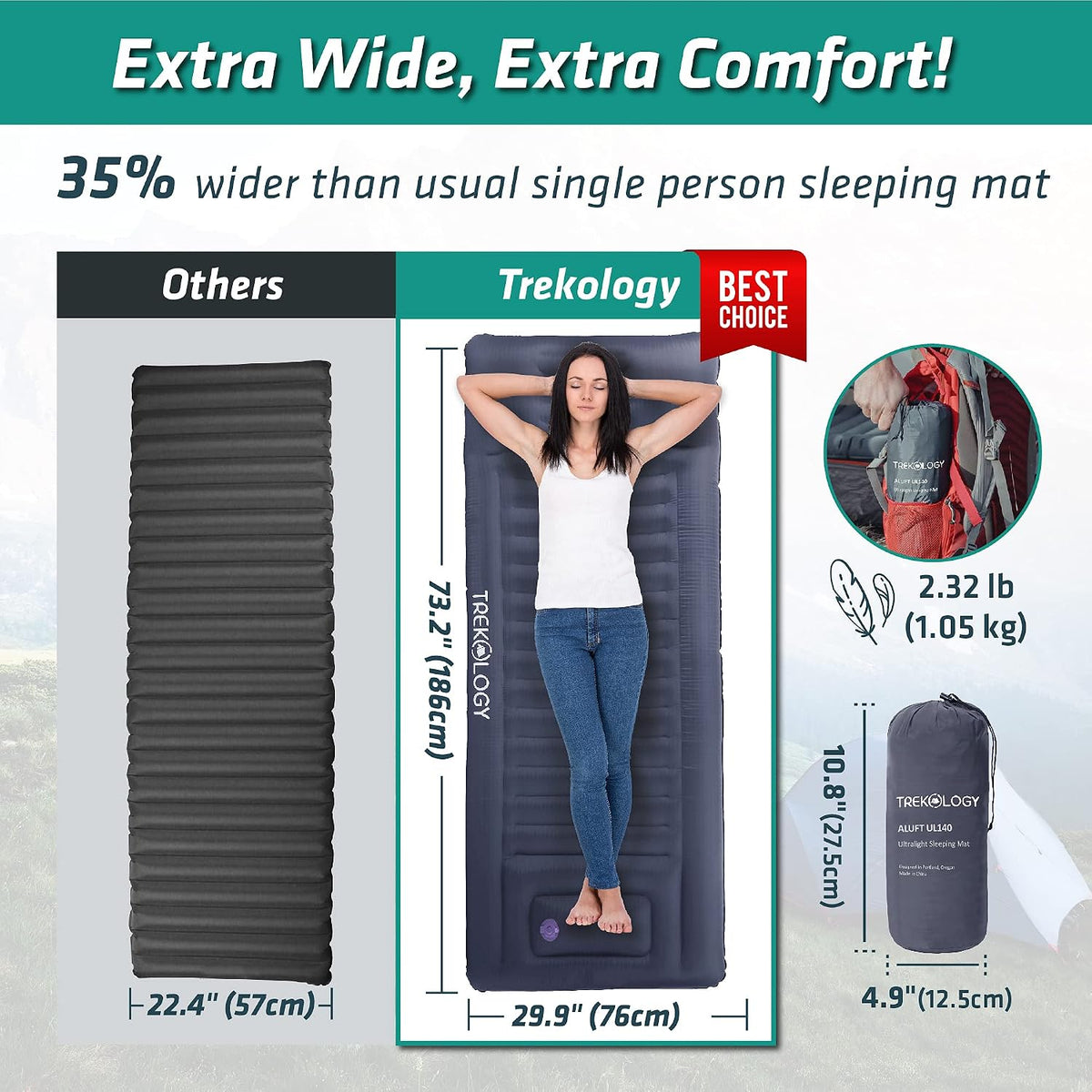 TREKOLOGY Sleeping Pad for Camping - Infaltable Mat – 73.2"x 29.9" Premium with Built‑in Pump, Neck‑Support Pillow, Thick 4.9" Height – Ultralight Sleep Pad for Tent, Backpacking & Travel