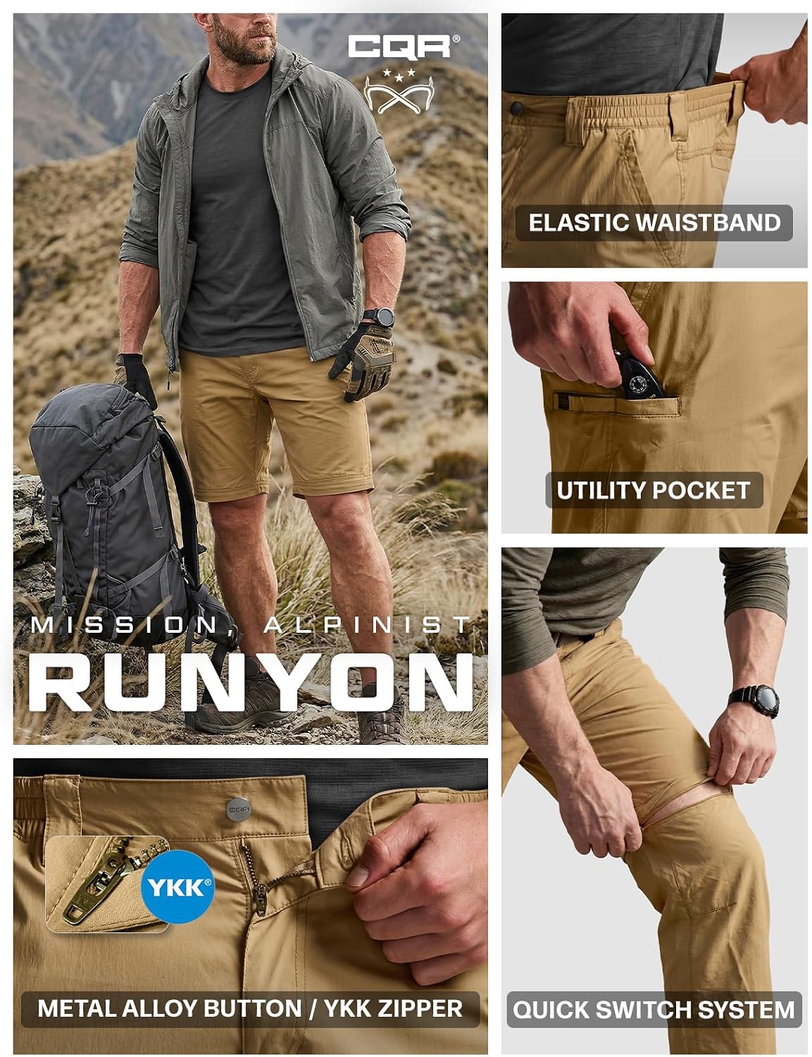 CQR Men's Convertible Cargo Tactical Pants, Water Resistant Outdoor Hiking Pants, Zip Off Lightweight Stretch Work Pants
