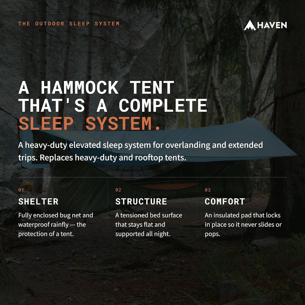 Haven Tents Lay Flat Hammock Tent - Waterproof Camping Hammock with Mosquito Net, Insulated Pad and Rainfly - Haven Tent, Haven XL, Haven Safari