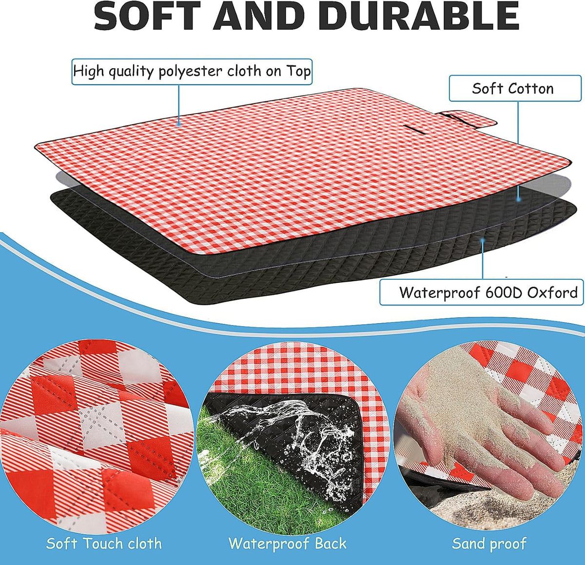 Large Picnic Blanket Beach Blanket Waterproof Sandproof Outdoor Blanket Foldable Beach Mat Sandfree Handy Mat with Carry Strap Lightweight Beach Mat fit 2 to 4 Adults for Beach Grass Lawn Park