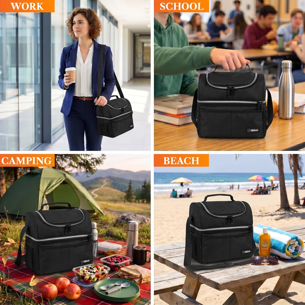 opux Insulated Lunch Bag for Men Women, Double Decker Leakproof, Black