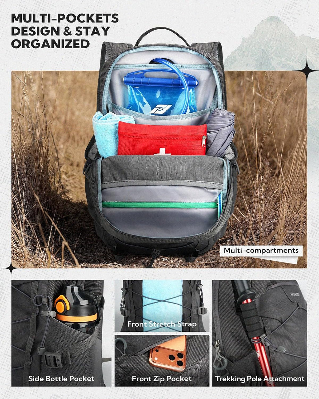 WATERFLY Hiking Backpack 20L, Lightweight Outdoor Daypack Water Resistant