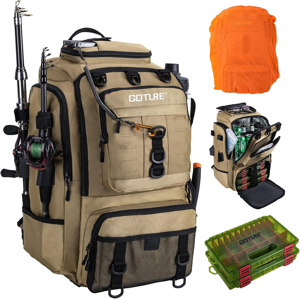 Goture 40L Large Khaki Fishing Backpack w/Cooler & fishing tackle boxes
