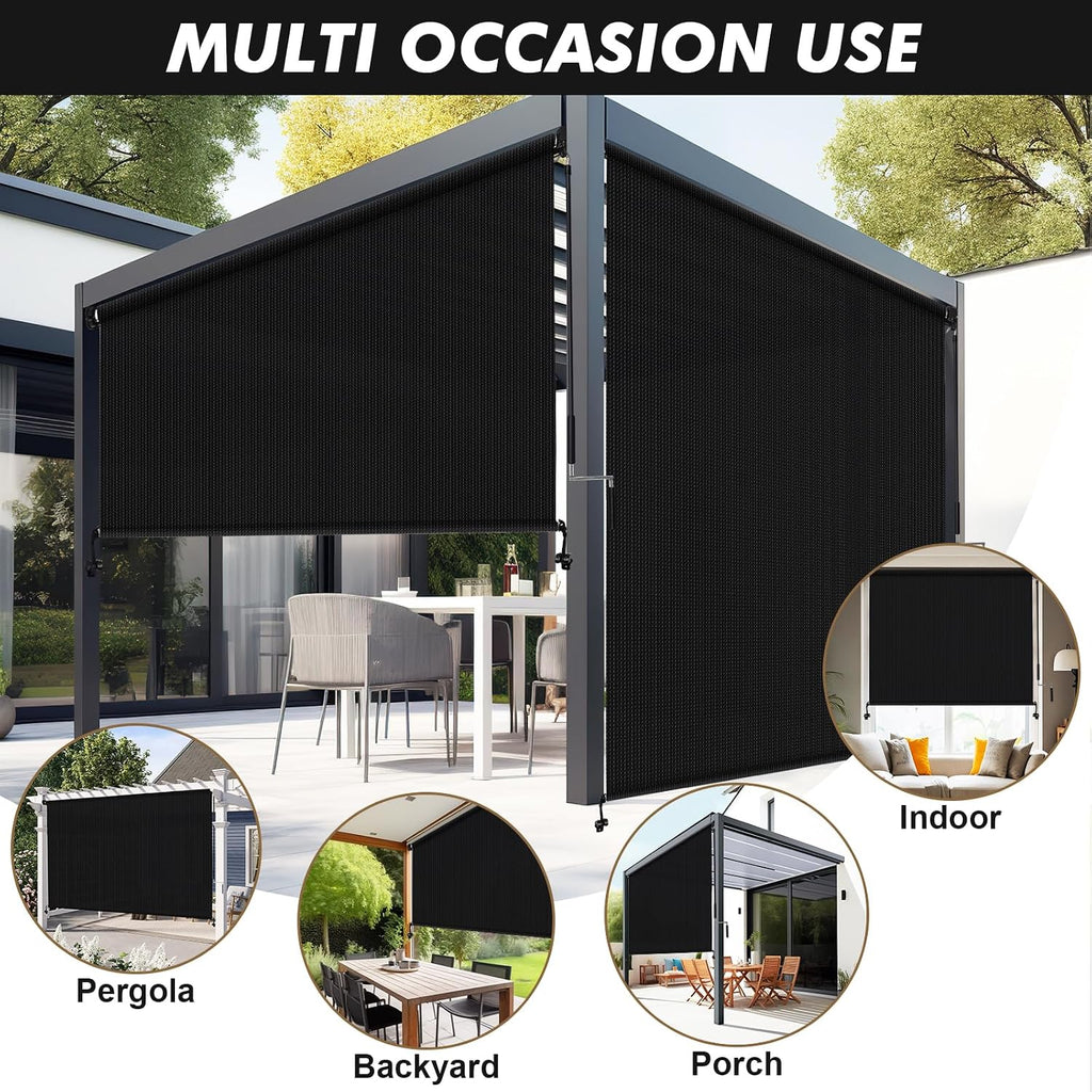 Artpuch Outdoor Roller Shade 4' W x 8' H, Black Exterior Cordless Patio Shades Roll Up Blinds for Porch Pergola Gazebo