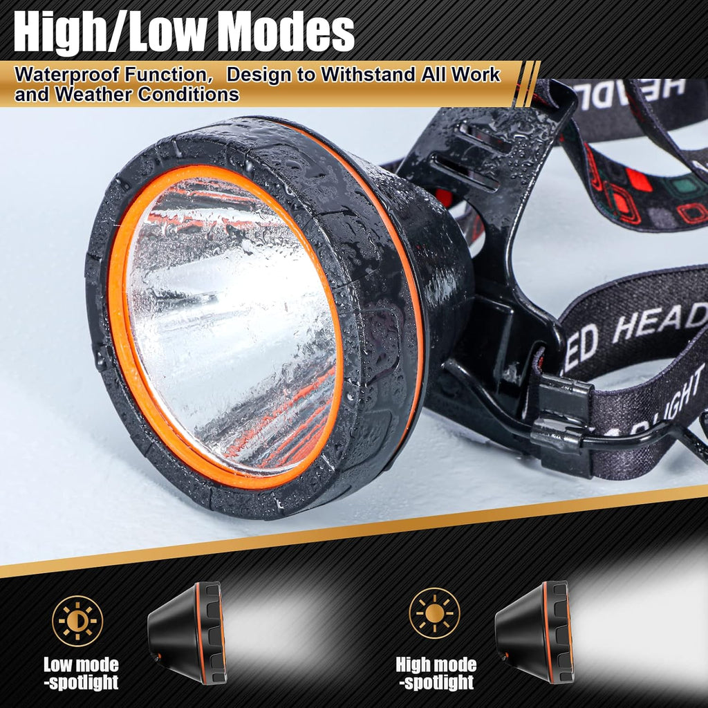 LED Rechargeable Headlamp, Super Bright Waterproof Headlight Spotlight, Hard Hat Flashlight for Coon Hunting, Fishing, Camping, Hiking, Dog Walking, Outdoor Running, Emergency Work Lighting