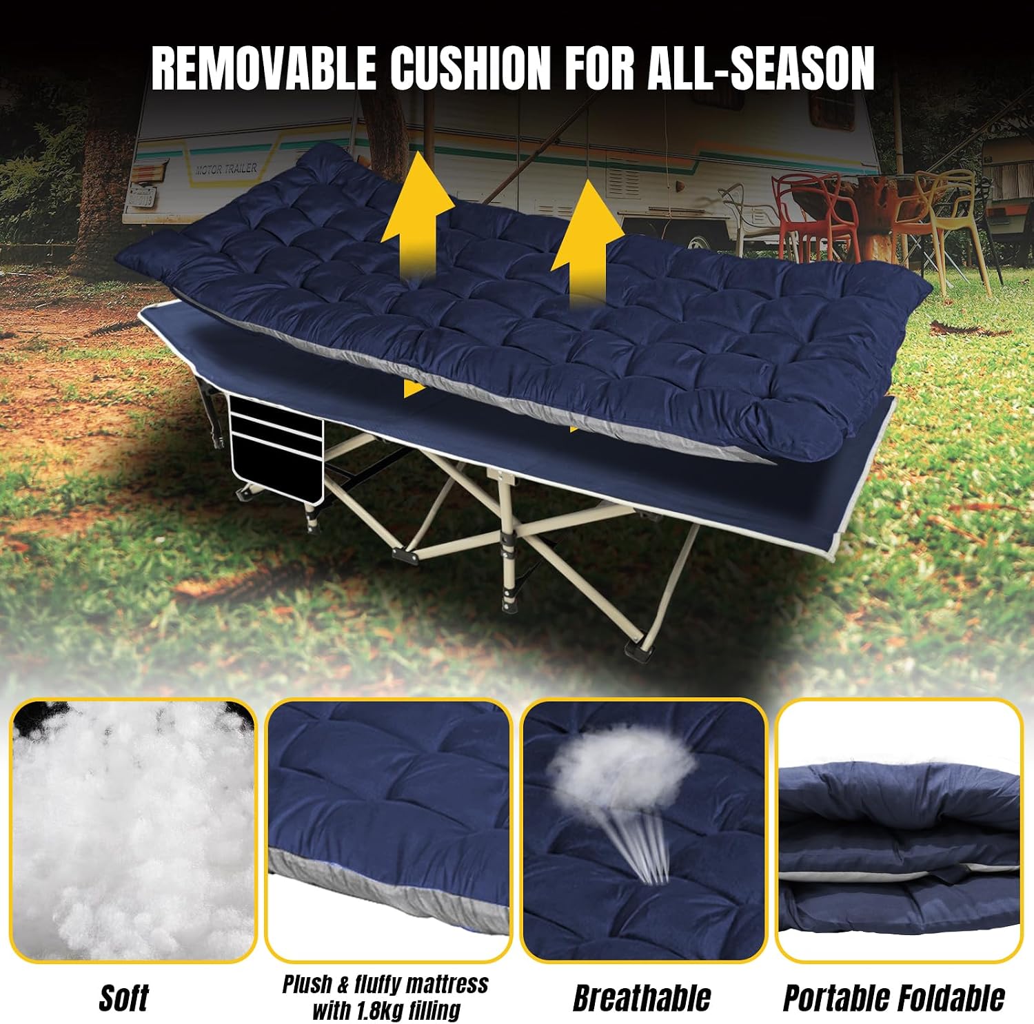 YELLOW JACKET Folding Camping Cot for Adults,600LBS Max Load,28" Wide Sleeping Cot with Removable Thick Mattress Portable Foldable Camping Bed with Carry Bag for Camp,Home,Office,Travel,Blue